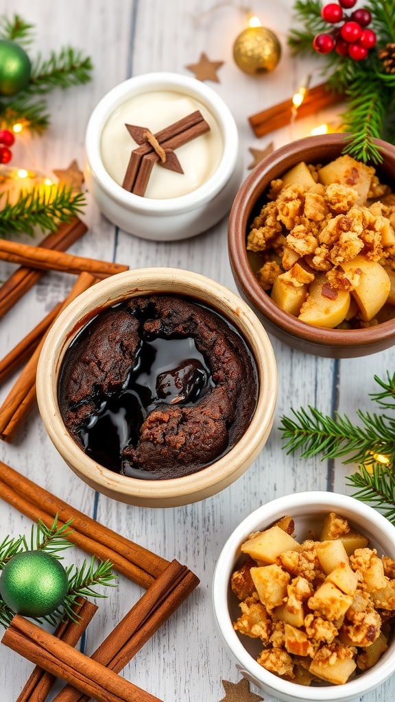 Warm chocolate lava cake and spiced apple crisp in rustic bowls with holiday decorations.